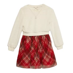 Girls 7-16 Knit Works Babydoll Dress with Faux Fur Popover Top and Necklace