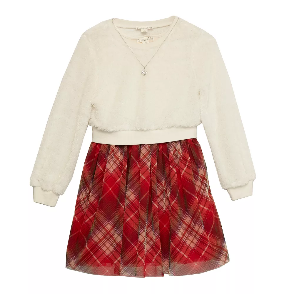 Girls 7-16 Knit Works Babydoll Dress with Faux Fur Popover Top and Necklace 3 Girls 7-16 Knit Works Babydoll Dress with Faux Fur Popover Top and Necklace